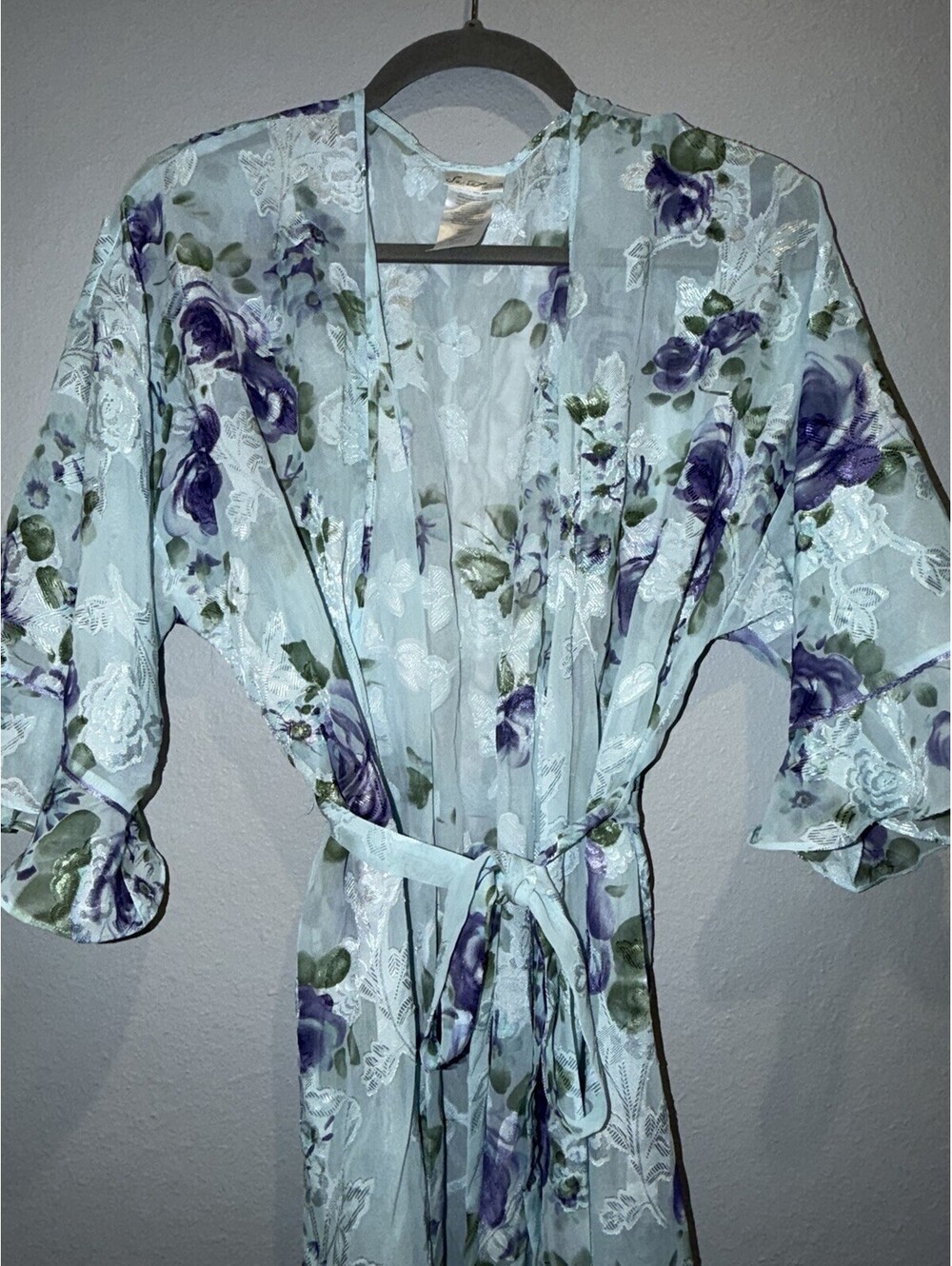Secret Treasures Short Kimono Robe M Aqua Blue Purple Floral Sheer Sleepwear